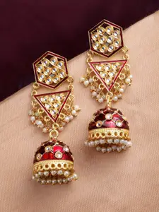 PANASH Women Gold Toned And Maroon Meenakari Dome Shaped Jhumkas Earrings
