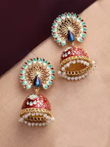 PANASH Gold-Plated Red & Blue Peacock Shaped Jhumkas Earrings