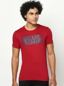 Blue Buddha Men Red Typography Printed Cotton T-shirt
