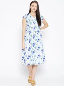 Be Indi Blue & White Floral A-Line Midi Dress