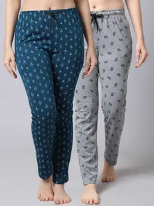 Shararat Women Pack of 2 Grey & Blue Printed Knitted Lounge Pants