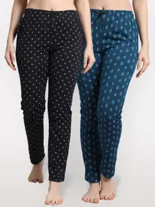 Shararat Women Set Of 2 Blue & Black Printed Cotton Lounge Pants