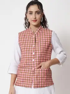 Vastraa Fusion Women Pink & Brown Checked Woven Nehru Jacket