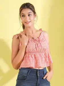 JISORA Women Orange & White Geometric Print Crop Top