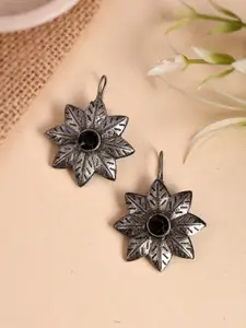Shoshaa Silver-Toned Oxidised Black Stone Floral Drop Earrings