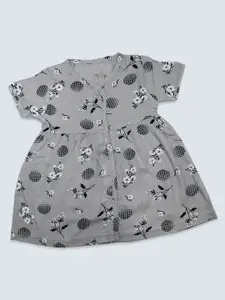 Born Babies Girls Grey & Black Floral Printed Cotton Dress