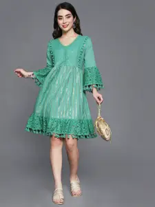 Ishin Green Embellished A-Line Dress