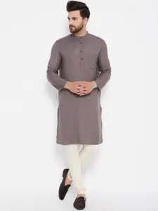 even Men Grey Striped Thread Work Kurta