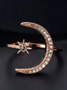 UNIVERSITY TRENDZ Rose Gold-Toned Rhodium-Plated Stone-Studded Half Moon Design Ring