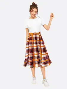 LONDON BELLY Women White & Mustard Yellow Checked Fit & Flare Midi Dress