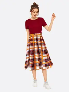 LONDON BELLY Women Maroon Checked Fit and Flare Midi Dress