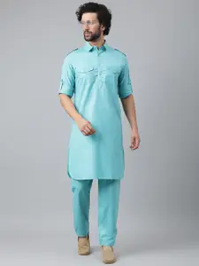 Hangup Men Turquoise Blue Pure Cotton Kurta with Pyjamas