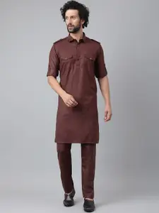 hangup trend Men Brown Pathani Solid Kurta with Pyjamas