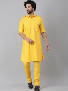 hangup trend Men Yellow Solid Rolled Up Sleeves Pure Cotton Pathani Kurta With Pyjama