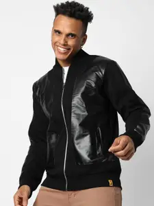 Campus Sutra Men Black Leather Windcheater Outdoor Biker Jacket