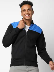Campus Sutra Men Black Blue Cotton Colourblocked Windcheater Outdoor Sporty Jacket