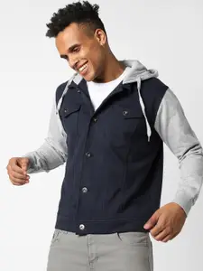Campus Sutra Men Navy Blue Grey Windcheater Outdoor Denim Jacket
