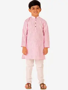 Pro-Ethic STYLE DEVELOPER Boys Pink And White Striped Pure Cotton Kurta With Pyjama