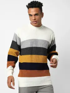 Campus Sutra Men White & Yellow Striped Pullover