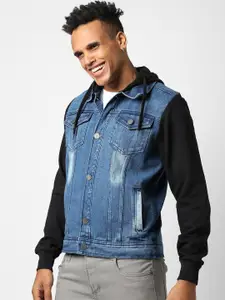 Campus Sutra Men Navy Blue Black Washed Colourblocked Windcheater Outdoor Denim Jacket