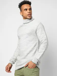 Campus Sutra Men Grey Melange Cable Knit Pullover Sweater