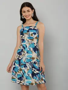 EZIS FASHION Women Blue & Black Floral Crepe Dress