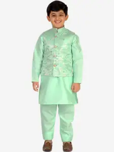 Pro-Ethic STYLE DEVELOPER Boys Green Floral Patchwork Kurta & Pyjamas With Nehru Jacket