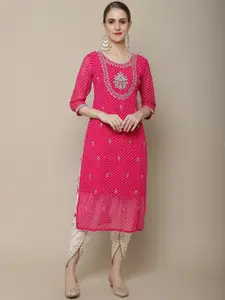 Sangria Women Pink Floral Embroidered Georgette Straight Kurta