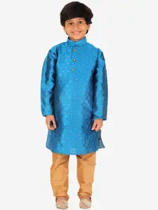 Pro-Ethic STYLE DEVELOPER Boys Blue Floral Printed Pure Silk Kurta with Pyjamas