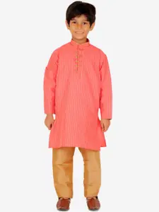 Pro-Ethic STYLE DEVELOPER Boys Pink Striped Thread Work Pure Silk Kurta with Pyjamas