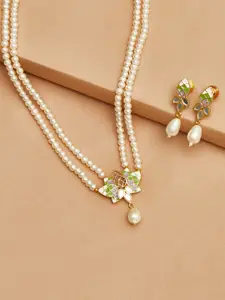 Voylla Woman Gold-Plated & Green Pearl Necklace Pendant and Earrings
