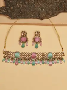 Voylla Gold-Plated Pink & Blue Gemstones Polki Necklace Jewellery Set