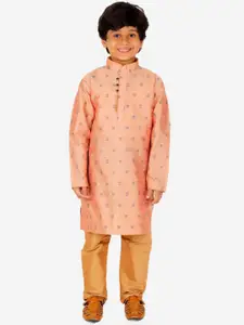 Pro-Ethic STYLE DEVELOPER Boys Peach-Coloured Floral Striped Pure Silk Kurta with Pyjamas