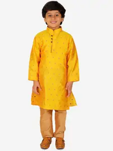 Pro-Ethic STYLE DEVELOPER Boys Yellow Printed Pure Silk Straight Kurta with Pyjamas