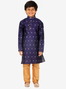 Pro-Ethic STYLE DEVELOPER Boys Navy Blue & Beige Printed Pure Silk Kurta with Pyjamas