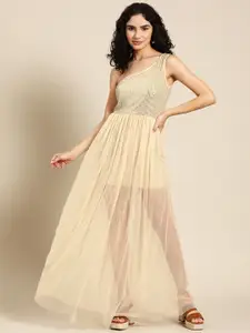 DODO & MOA Cream-Coloured Embellished One Shoulder Maxi Dress