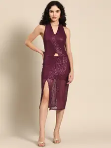 DODO & MOA Maroon Embellished Bodycon Dress
