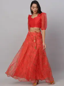 NEUDIS Women Orange Printed Organza Maxi Skirt