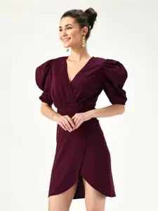 IUGA Purple Solid Wrap Puff Sleeves Dress