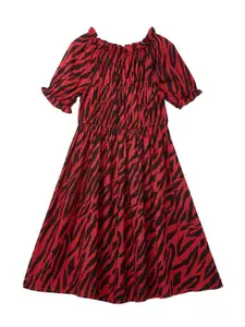 Cub McPaws Girls Red & Black Animal Pinted Round Neck Fit and Flare Dress