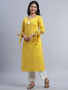 Indian Virasat Women Yellow Ethnic Motifs Printed Keyhole Neck Flared Sleeves Thread Work Kurta