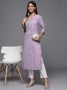 Varanga Women Lavender & White Bandhani Printed Gotta Patti Cotton Straight Kurta