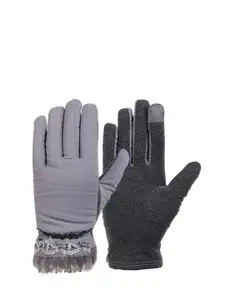 ELLIS Women Grey & Black Embellished Gloves
