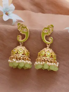 KARATCART Lime Green & Gold-Plated Lord Ganesha Classic Jhumkas Earrings