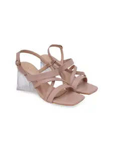 SHUZ TOUCH Women Nude-Coloured Block Sandals with Buckles