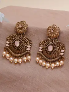 KARATCART Gold-Plated Pink & White Stone Studded Drop Earrings