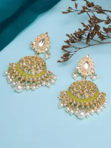 KARATCART Lime Green & White Gold-Plated Pearl Long Chandbalis Earrings