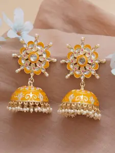 KARATCART Yellow & White Gold-Plated Floral Design Classic Jhumkas Earrings