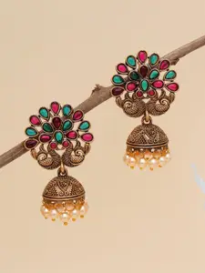 KARATCART Red & Green Gold-Plated Peacock Shape Classic Jhumkas Earrings