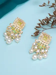 KARATCART Lime Green & White Gold Plated Pearl Studded Kundan Drop Earrings